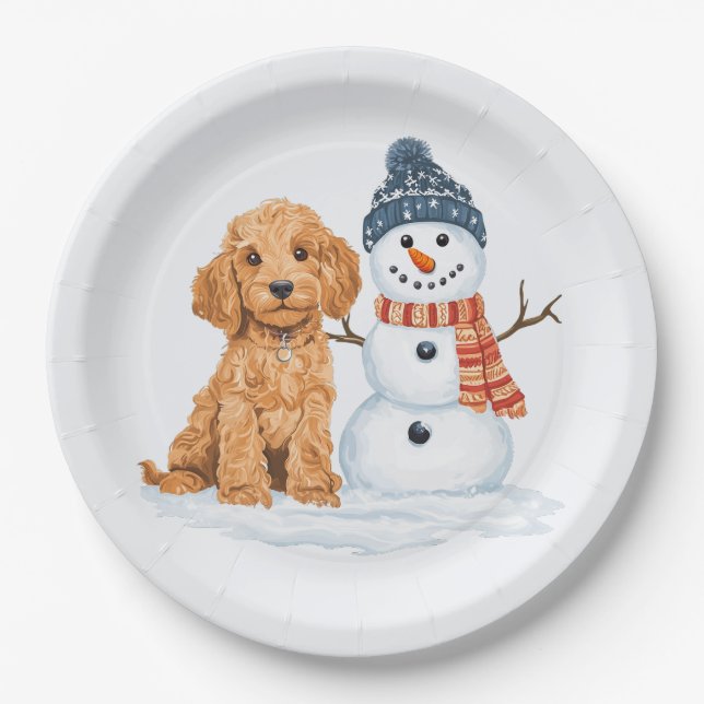 Winter Goldendoodle Dog Cute Snowman Paper Plate (Front)