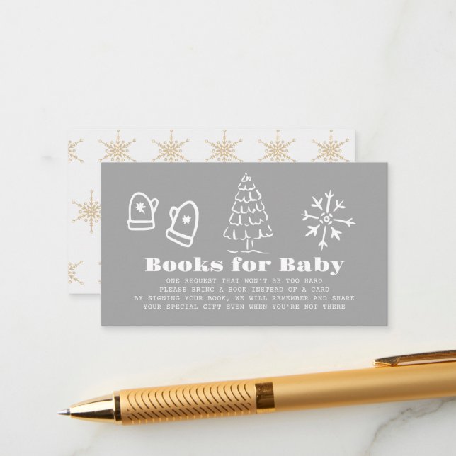 Winter Gray Hand-Drawn Baby Shower Book Request Enclosure Card (Front/Back In Situ)