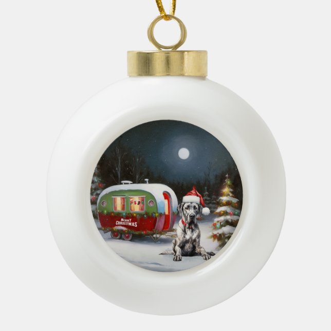 Winter Great Dane Caravan Christmas Adventure Ceramic Ball Christmas Ornament (Front)