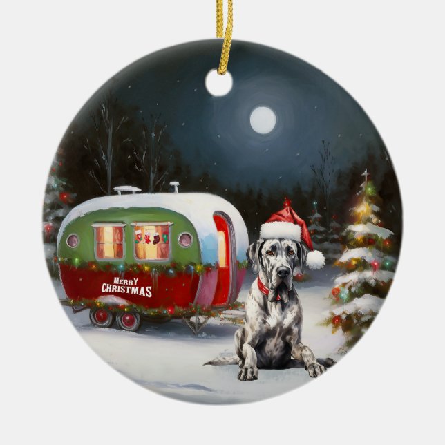 Winter Great Dane Caravan Christmas Adventure Ceramic Ornament (Front)