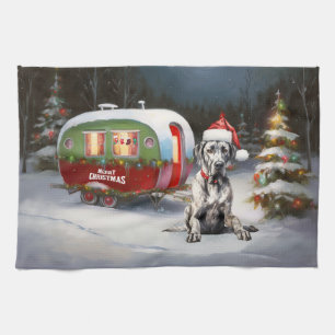 Winter Great Dane Caravan Christmas Adventure Tea Towel