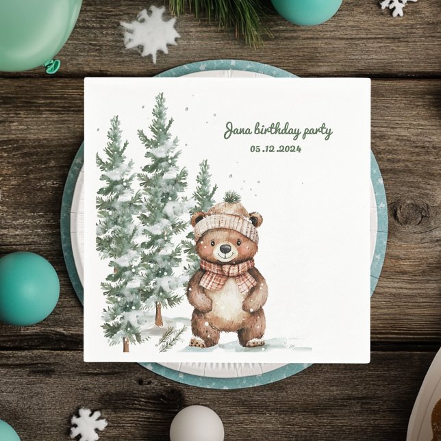 Winter Green Bear Birthday Party Woodland  Napkin (Creator Uploaded)