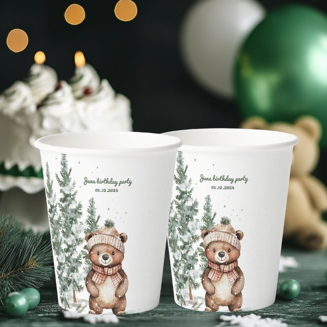 Winter Green Bear Birthday Party Woodland  Paper Cups (Creator Uploaded)