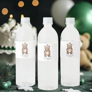 Winter Green Bear Birthday Party Woodland Water Bottle Label