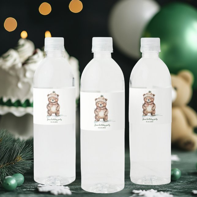 Winter Green Bear Birthday Party Woodland Water Bottle Label (Creator Uploaded)