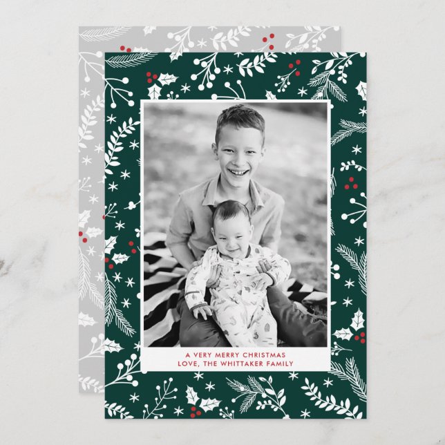 Winter Green Berries Christmas Holiday Flat Card (Front/Back)