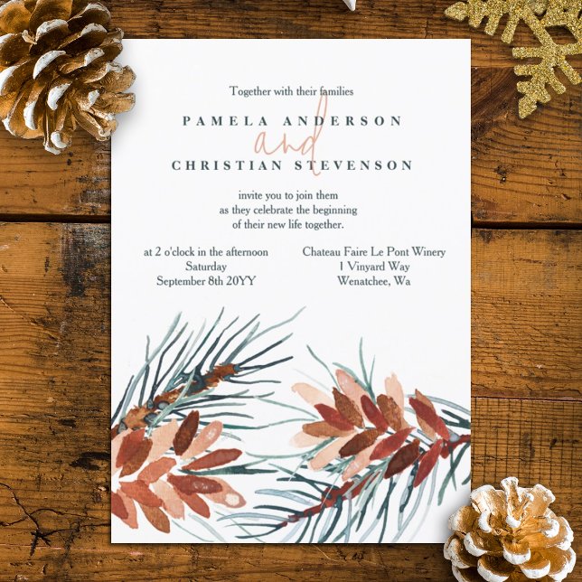 Winter Green, Brown Pine Cones Wedding Invitations (rustic brown terracotta winter pinecone wedding invitation watercolor winter plants wedding)