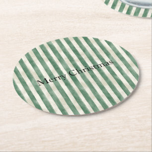 Winter Green Cream Stripes Christmas   Round Paper Coaster