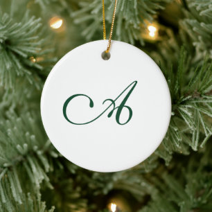Winter Green Elegant Script Monogram Christmas Ceramic Ornament
