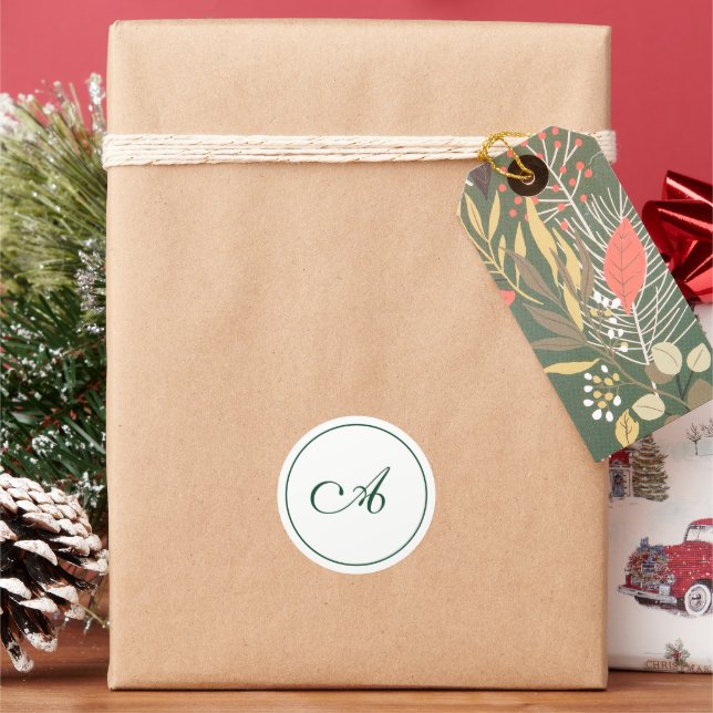 Winter Green Monogram Bauble Christmas  Classic Round Sticker (Holiday)