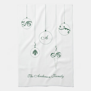 Winter Green Monogram Bauble Ornaments Family Name Tea Towel