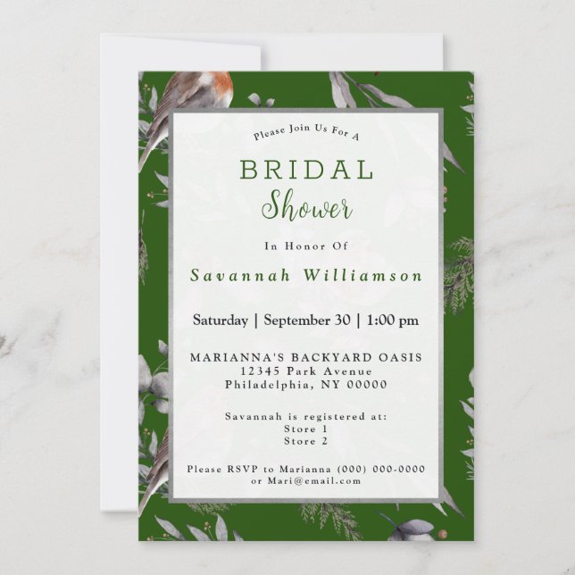 Winter Green Robin Greenery Bridal Shower Invitation (Front)