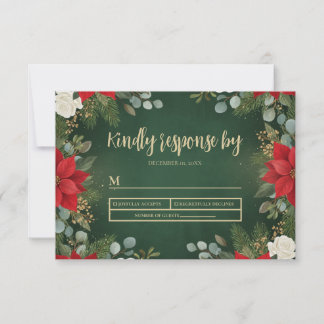 Winter Green Velvet Christmas Floral Wedding RSVP Card