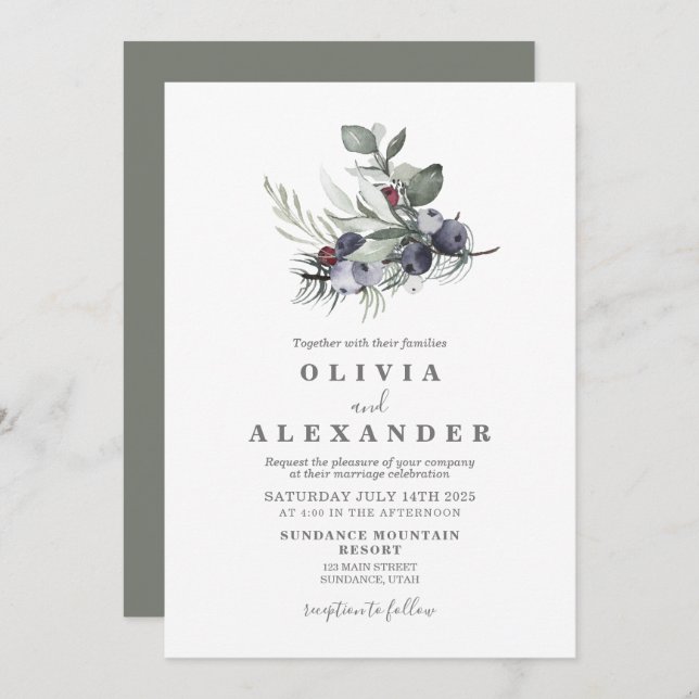 Winter Greenery and Berries wedding Invitation (Front/Back)