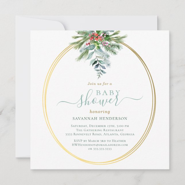 Winter Greenery and Gold Baby Shower Invitation (Front)