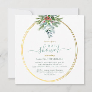 Winter Greenery and Gold Baby Shower Invitation