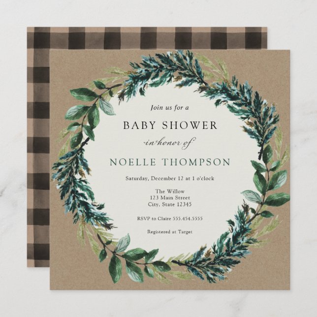 Winter Greenery and Plaid Baby Shower Invitation (Front/Back)