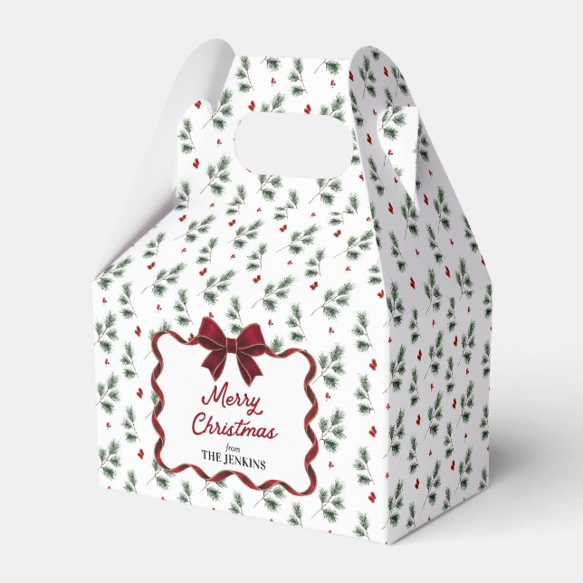 Winter Greenery and Red Bow Christmas Favour Box (Front Side)
