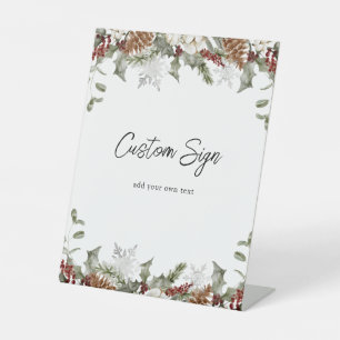 Winter Greenery and Snowflake Custom Text Pedestal Sign