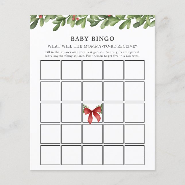 Winter Greenery Baby Bingo Game Card (Front)