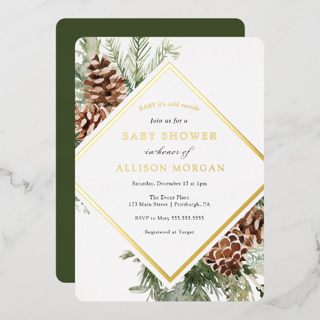 Winter Greenery Baby Shower Foil Invitation (Front/Back)