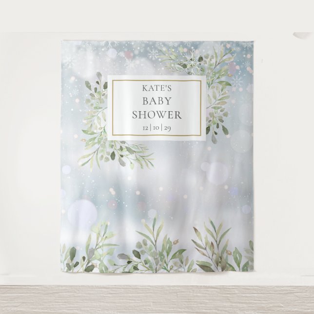 Winter Greenery Baby Shower Photo Booth Backdrop Tapestry (Front)