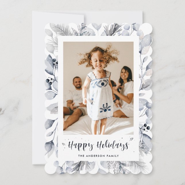 Winter Greenery Berries Photo Happy Holidays Card (Front)