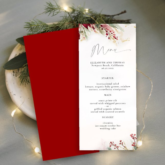 Winter Greenery Berries Red Green Botanical Modern Menu (winter christmas wedding bridal shower menu greenery botanical berries red green gold watercolor)