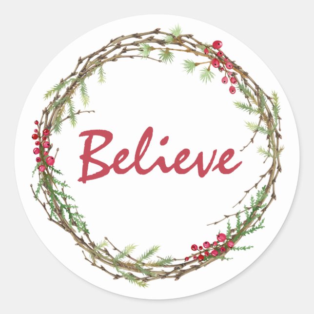 Winter Greenery Berries Wreath Christmas Believe C Classic Round Sticker (Front)