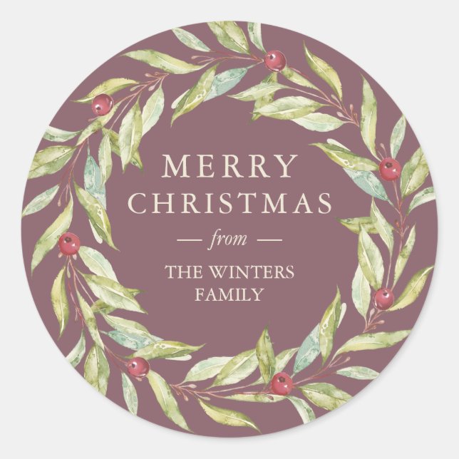 Winter Greenery Berries Wreath Christmas Burgundy Classic Round Sticker (Front)