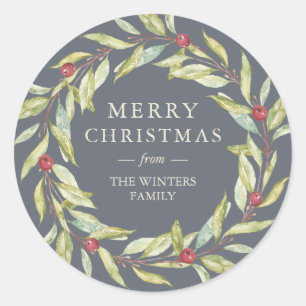 Winter Greenery Berries Wreath Christmas Dark Blue Classic Round Sticker