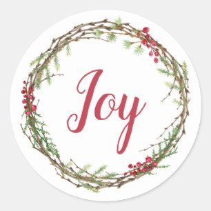 Winter Greenery Berries Wreath Christmas Joy Classic Round Sticker