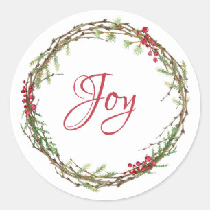 Winter Greenery Berries Wreath Christmas Joy Classic Round Sticker