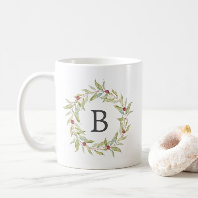 Winter Greenery Berries Wreath Monogram Christmas Coffee Mug (With Donut)