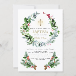 Winter Greenery Berry Cone Gold Cross Baptism Invitation