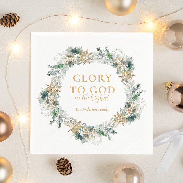 Winter Greenery Bible Verse Religious Christmas Napkin (Religious Christmas Glory to God Bible verse napkin with winter greenery)