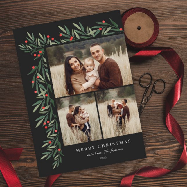 Winter Greenery Black 3 Photo Christmas Holiday Card (Creator Uploaded)