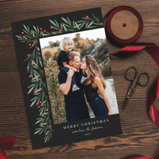 Winter Greenery Black Photo Christmas Holiday Card (Creator Uploaded)
