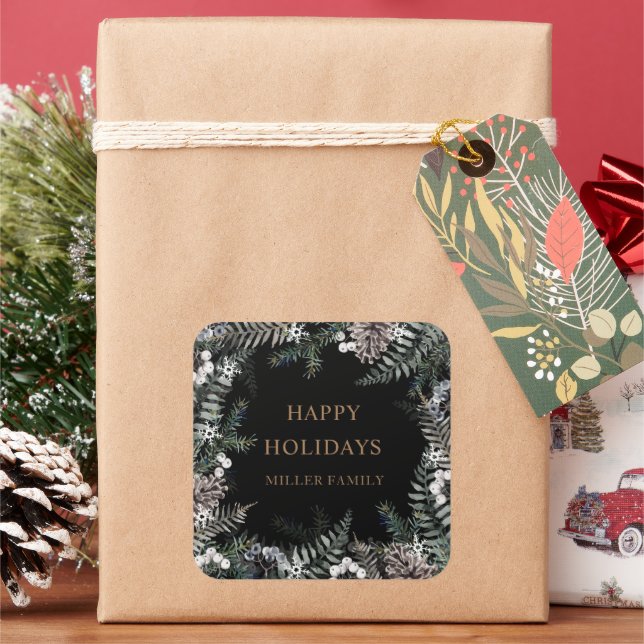 Winter Greenery Blue Happy Holidays Monogram Square Sticker (Holiday)