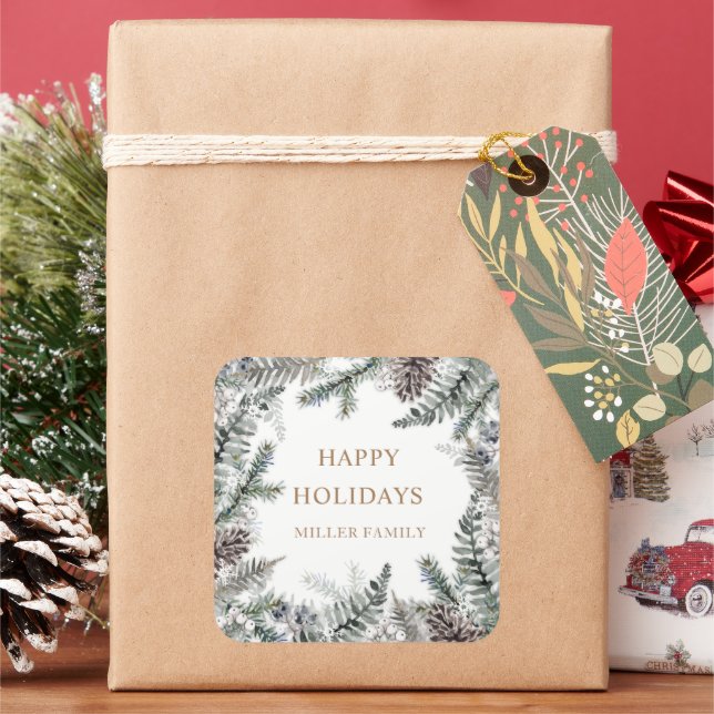 Winter Greenery Blue Happy Holidays Monogram Square Sticker (Holiday)