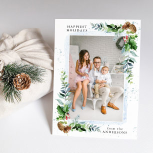 Winter Greenery & Blue Watercolor Photo Holiday Card