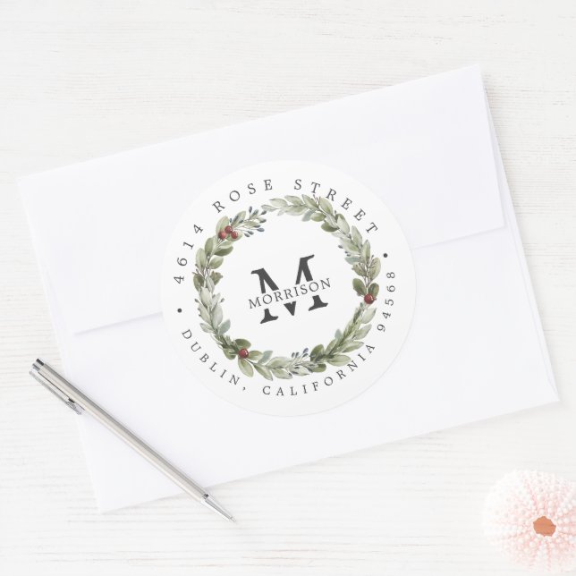 Winter Greenery | Boho Botanical Return Address Classic Round Sticker (Envelope)