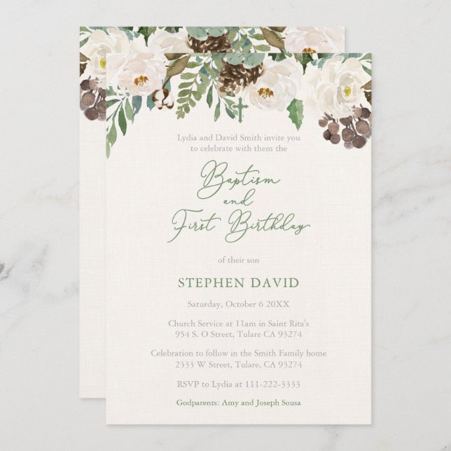 Winter Greenery Boy Baptism 1st Birthday Party Invitation (Front/Back)