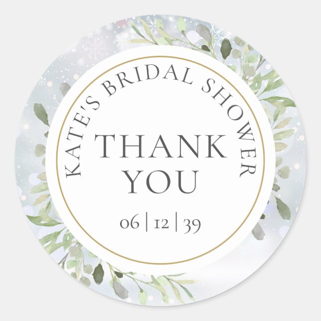 Winter Greenery Bridal Shower Thank You Favor Classic Round Sticker (Front)