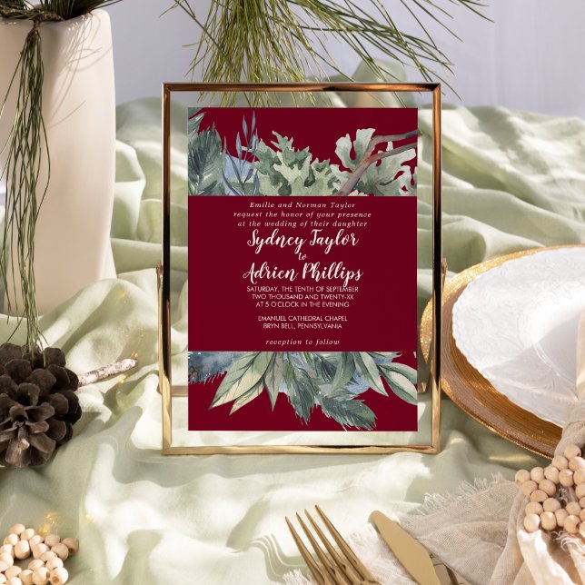 Winter Greenery Burgundy Formal Wedding  Invitation (Creator Uploaded)