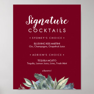 Winter Greenery Burgundy Signature Cocktails Sign
