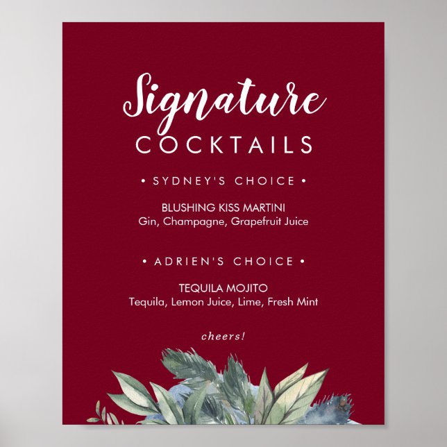 Winter Greenery Burgundy Signature Cocktails Sign (Front)