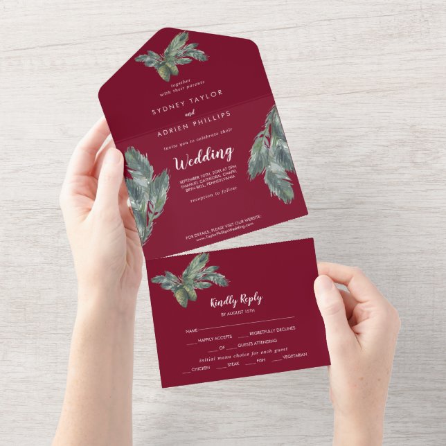 Winter Greenery Burgundy Wedding All In One Invitation (Tearaway)