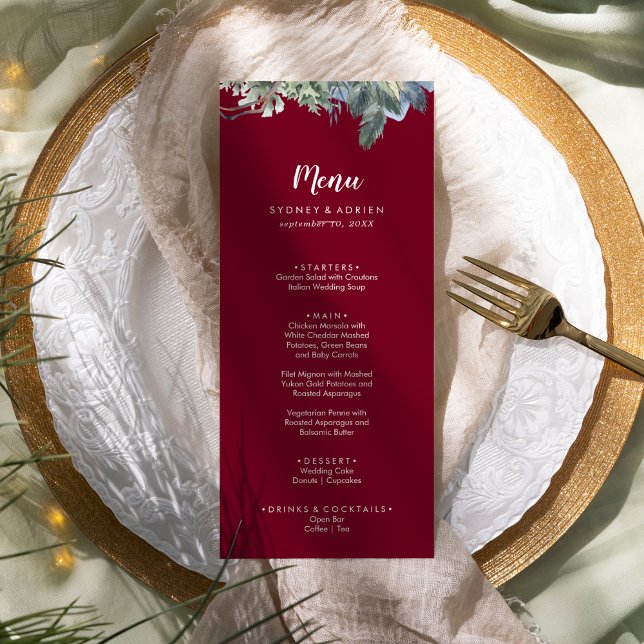 Winter Greenery Burgundy Wedding Dinner Menu (Creator Uploaded)