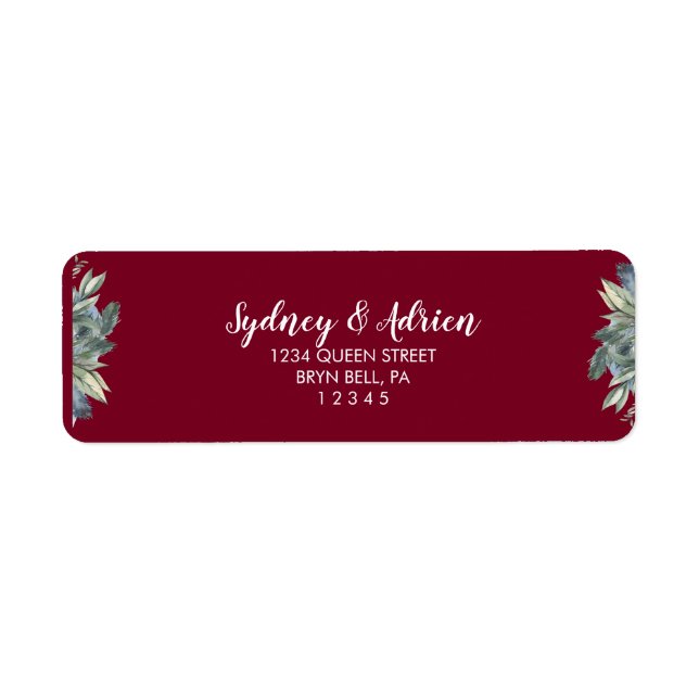 Winter Greenery Burgundy Wedding Invite Return  Address Label (Front)